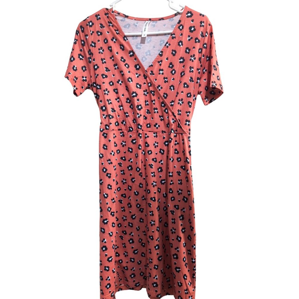 Tickled Teal Size Medium Rust Floral Print Faux Wrap Dress Short Sleeve